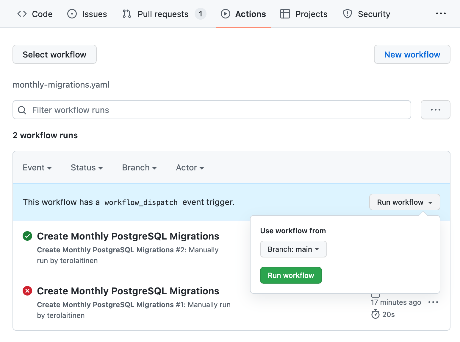 A screenshot illustrating how to dispatch a GitHub Actions workflow manually.