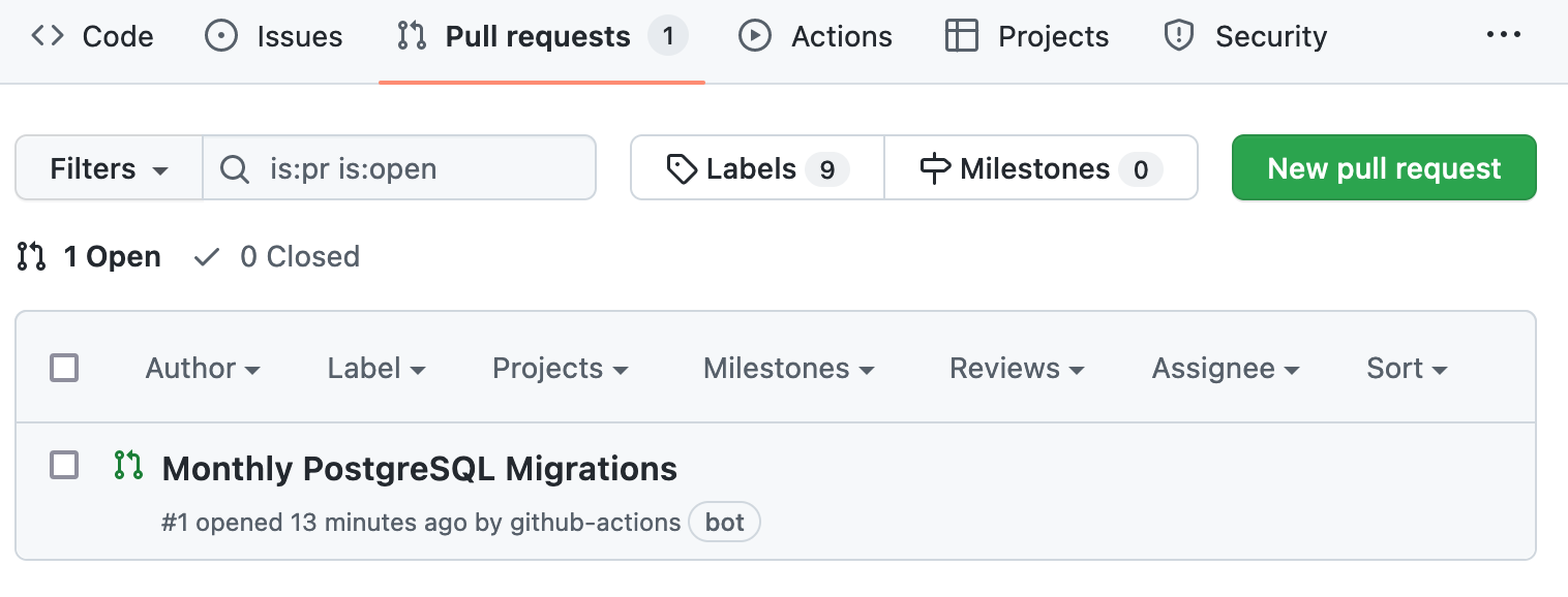 A screenshot of a pull request title "Monthly Postgresql Migrations" in a list of pull request.